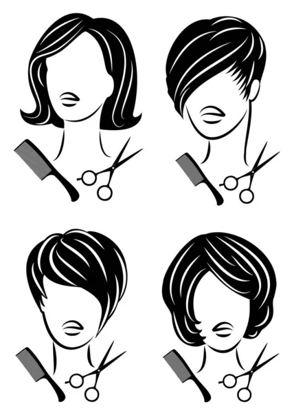 Collection Silhouette Cute Lady Girl Shows Hairstyle Medium Short Hair — Stock Vector