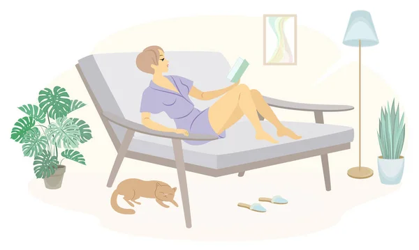 Belle Dame Est Assise Sur Canapé Une Fille Lit Livre — Image vectorielle