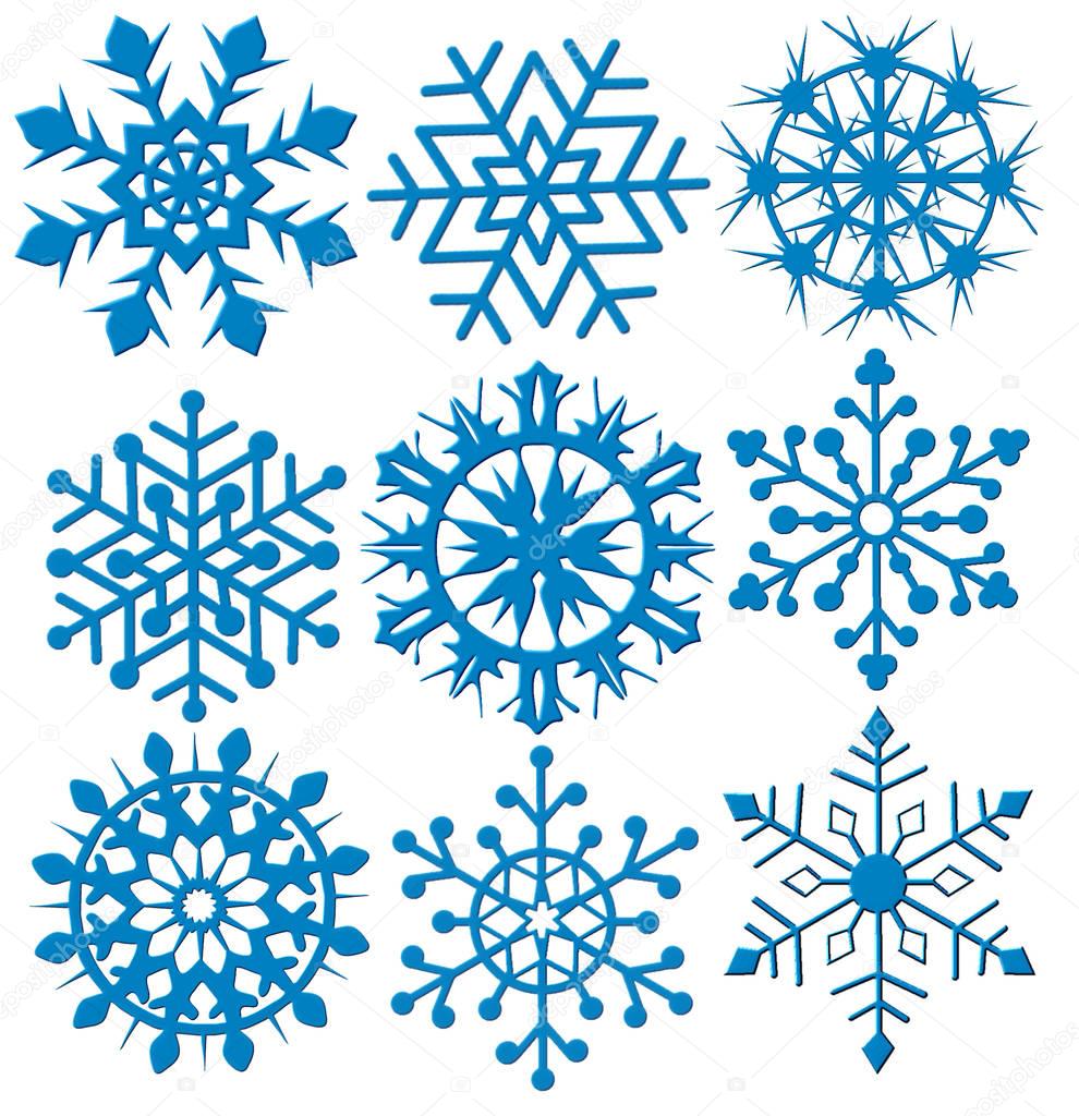 A set of 9 blue snowflakes on White backround