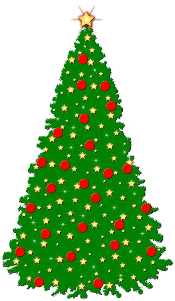 Gerenderter Grüner Weihnachtsbaum Mit Sternen Funkeln Und Roten Kugeln — Stockfoto