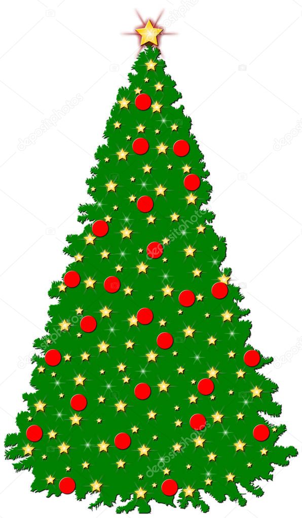 3D Rendered Green Christmas Tree with Stars,Sparkels and Red Balls