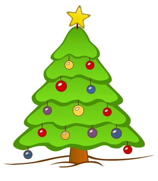 Bir snowfield üst ve renkli süslemeleri'nda bir yıldız ile izole bir Noel ağacı