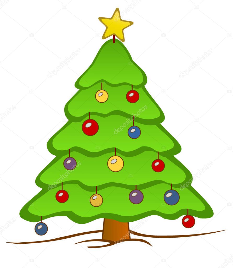 An isolated Christmas tree with a star on top and colorful decorations in a snowfield