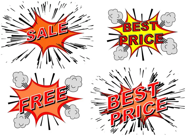 A set of 4 cartoon type of explosions that is aimed at using for businesses who wants to announce a sale, a best price offer and a free giveaway