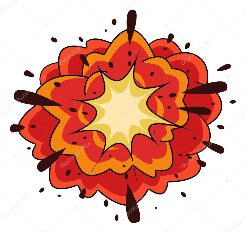A red, orange and yellow cartoon type drawing of a violent explosion
