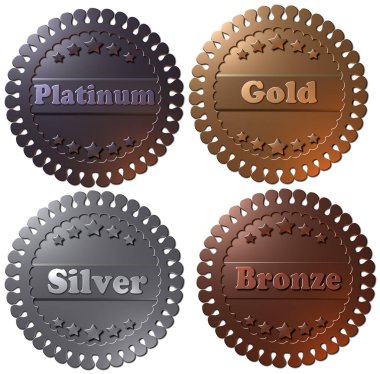 Set of four 3D winner metallic badges, seals or buttons. 3D rendered medals, platinum gold silver and bronze.  clipart