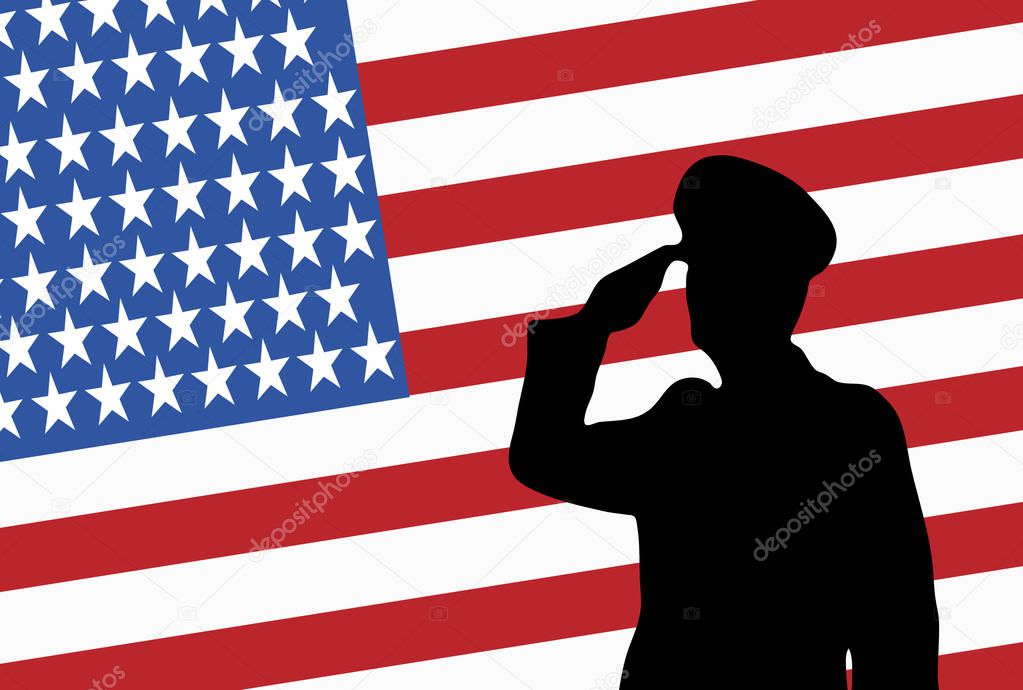 Remember and Honor on Memorial Day USA. Illustration of soldier saluting. Silhouette of a military officer.
