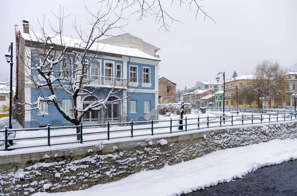 Pittoresca scena invernale lungo il fiume Florina, una piccola città nel nord della Grecia — Foto Stock