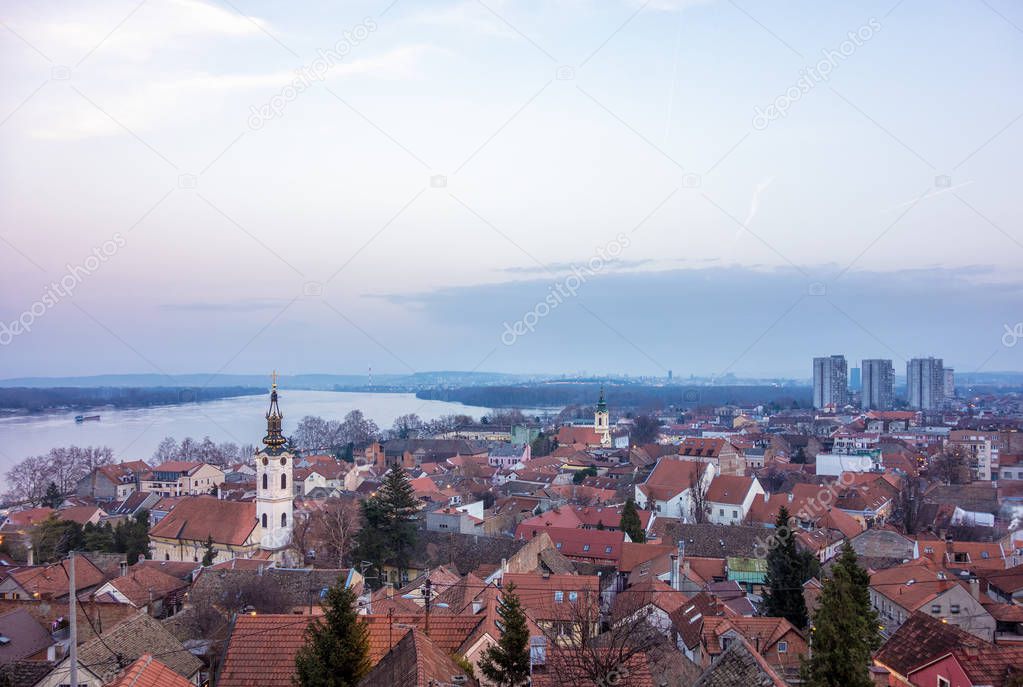 View to Belgrade and the Danube river from the Gardos hill in Zemun, Serbia, in the dusk