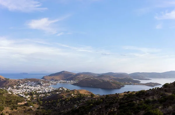 Stunning view to the sea from the chora of Patmos island, Greece, early in the morning — Stock Photo, Image