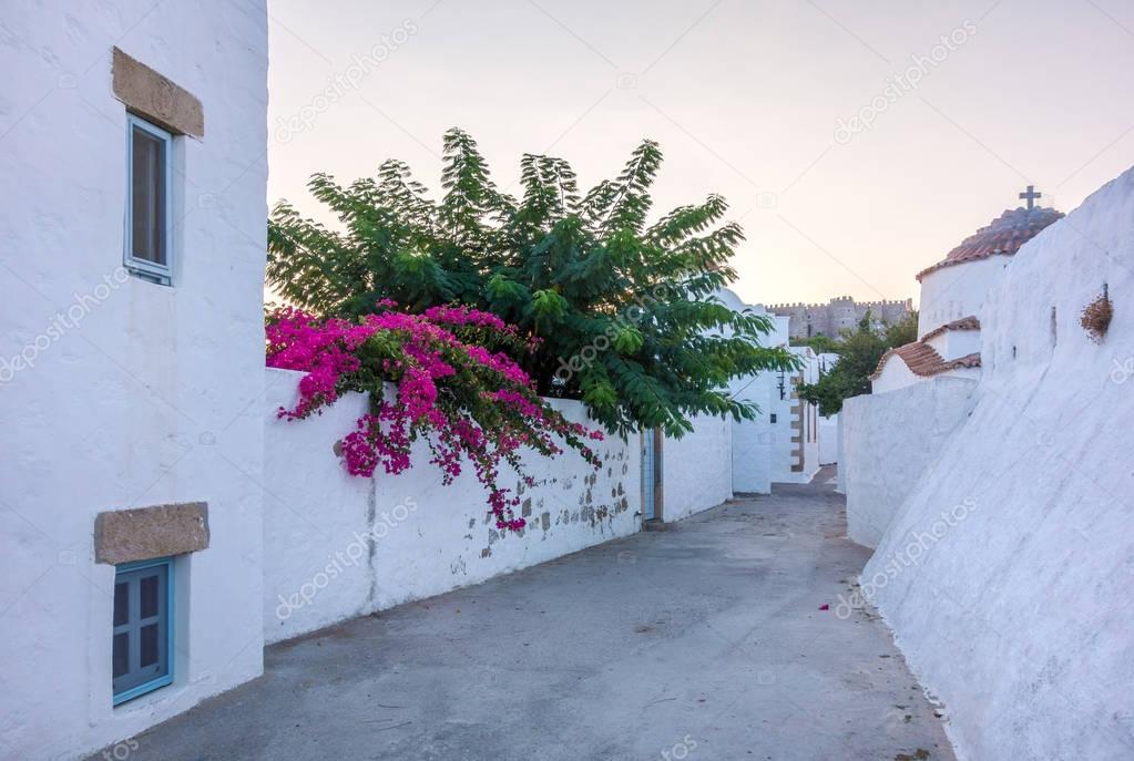 Evening in the streets of Patmos island, Dodecanese, Greece