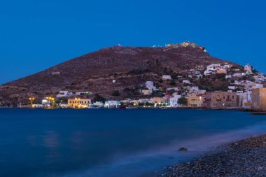Gece sahne Agia Marina Village, Leros Adası, Oniki Ada, Yunanistan