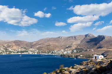 Panoramik manzaralı kale Leros Adası, Oniki Ada, Yunanistan
