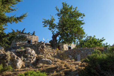 26th Ağustos 2017 - Kos Adası, Oniki Ada, Yunanistan - Taverna ve Hill Pili köyünü ormanda arasında inşa kafeterya