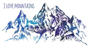 Dağlar seviyorum. Vektör serbest el çiziminin. Çorap bir kart için poster