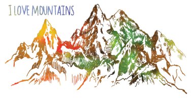 Dağlar seviyorum. Vektör serbest el çiziminin. Çorap bir kart için poster