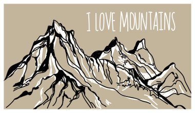 Dağlar seviyorum. Vektör serbest el çiziminin. Çorap bir kart için poster