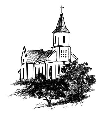 Katolik Kilisesi. Vektör çizim vintage stili serbest. Eski kilise, ağaçlar, orman .