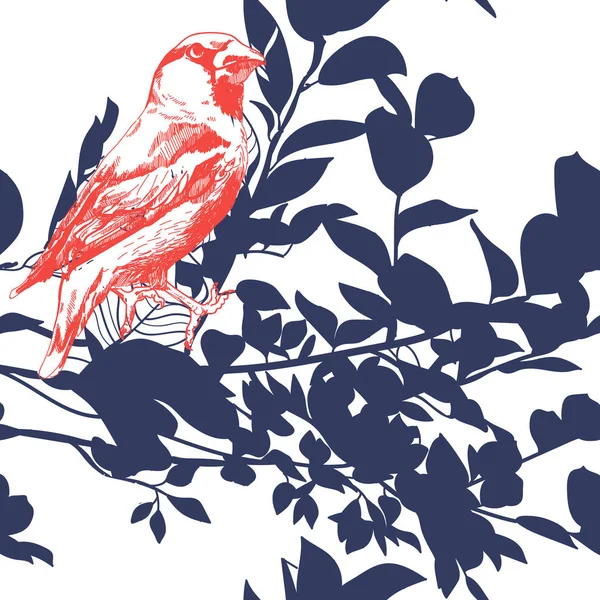 ปแบบท รอยต บใบไม และนก ภาพวาดม สระท สไตล — ภาพเวกเตอร์สต็อก