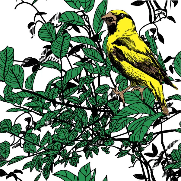 Modello Senza Cuciture Con Foglie Uccelli Elegante Disegno Mano Libera — Vettoriale Stock