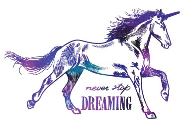 Koşan tek boynuzlu at. Boya desenli bir vektör çizimi. Eğim uzayı.