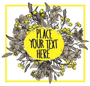 Bitki ve böğürtlenli metinler için arka plan. Doğal, çevreci. Eski tarz bir figür .