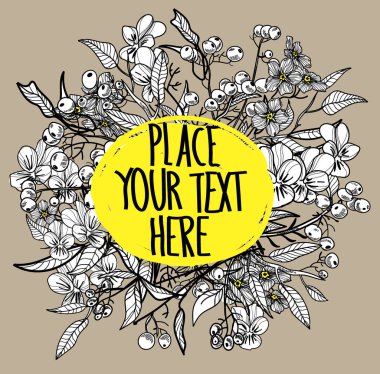 Bitki ve böğürtlenli metinler için arka plan. Doğal, çevreci. Eski tarz bir figür .