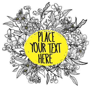 Bitki ve böğürtlenli metinler için arka plan. Doğal, çevreci. Eski tarz bir figür .