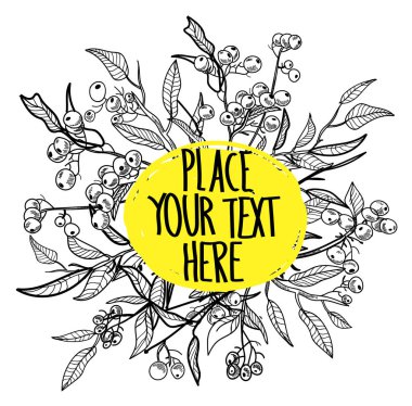 Bitki ve böğürtlenli metinler için arka plan. Doğal, çevreci. Eski tarz bir figür .