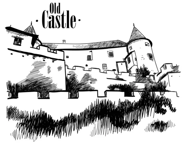Velho Castelo Colina Vetor Desenho Mão Livre Gravura — Vetor de Stock