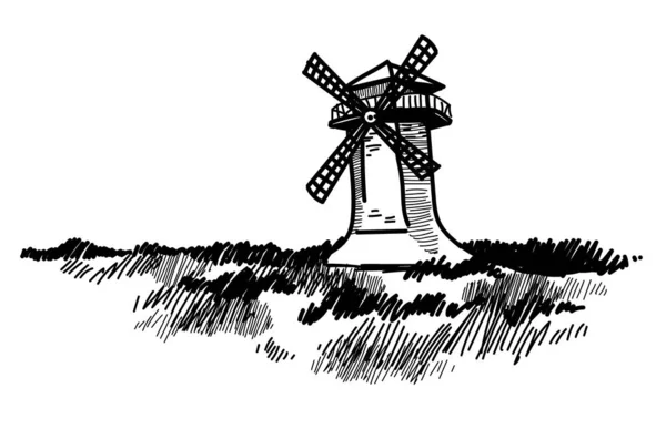Ветряная Мельница Vector Freehand Drawing Vintage Style Гравировка — стоковый вектор