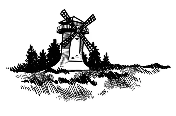 Windmolen Vector Tekening Uit Vrije Hand Vintage Stijl Graveren — Stockvector