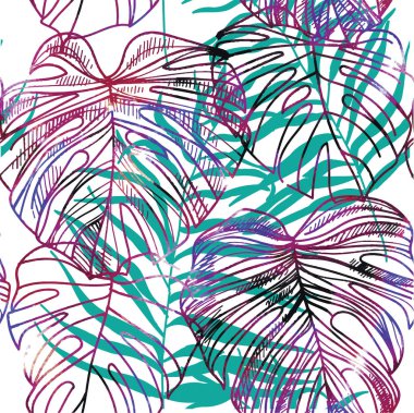 Tropik bitkilerin yaprakları ile Seamless modeli. Vektör serbest el çiziminin. Palmiye yaprağı ile arka plan 