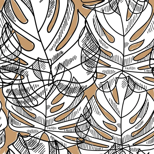 Nahtloses Muster Mit Blättern Tropischer Pflanzen Vektor Freihandzeichnung Hintergrund Mit — Stockvektor