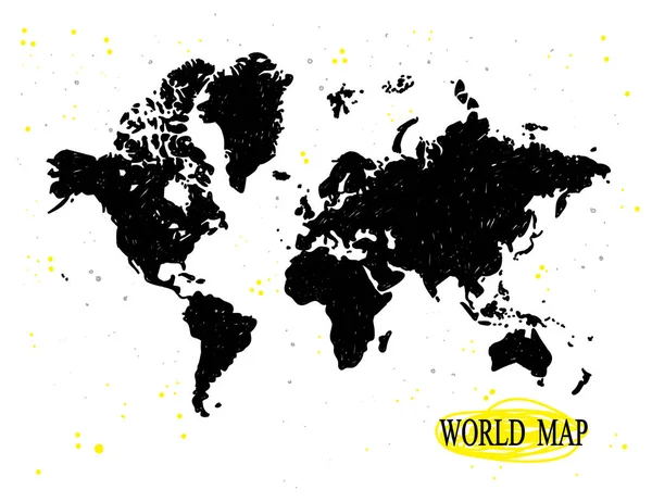 Weltkarte Zeichnung Von Hand Mit Punkten Und Schattierung Gelb Schwarz — Stockvektor