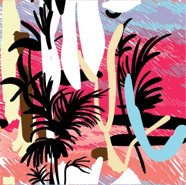 Kusursuz soyut desen. Tropik, egzotik. Palmiye ağacıyla modern etnik baskı.