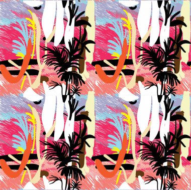 Kusursuz soyut desen. Tropik, egzotik. Palmiye ağacıyla modern etnik baskı.