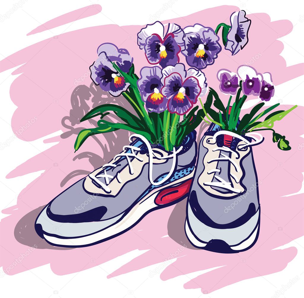 Sneakers with flowers. Forget-me-nots, pansies are in shoes. Stylish print.