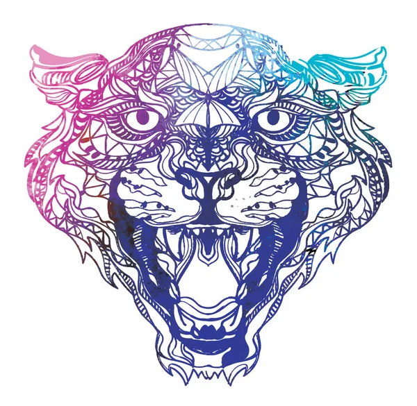 Leopard Coloring Meditation Coloring Mandala Head Leopard Open Mouth Canines — Stock vektor