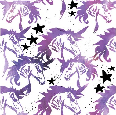 Tek boynuzlu atların kusursuz deseni. Sulu boya lekeleri var. Parlak çok renkli arkaplan.