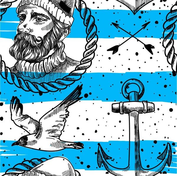 海洋风格的图案 希波斯特的背景一个留胡子的男人 一个锚 箭和海鸥 手绘古董画 — 图库矢量图片