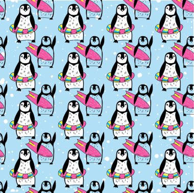 Penguenlerle kusursuz bir düzen. Klasik tarzda elle çizim yapmak. Bir eskiz, mürekkep çizimi. Tatlı çocuk geçmişi. Parlak, yaz renkleri.