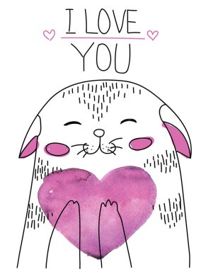 Ben de seni seviyorum. Elinde kalbi olan bir kedi yavrusu. Sevgililer günü kartı, poster, tişört baskısı. Çocuk çizimi.