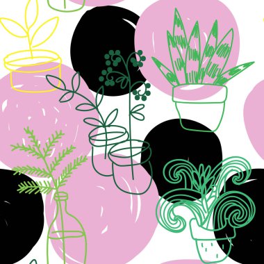 Saksıda çiçekler. Kusursuz desen. Elle çizim, bir çocuğun çizimi. Renkli arkaplan.