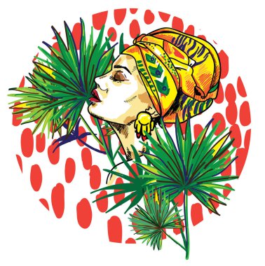 Kafasında eşarp olan kız. Afrikalı bir mankafayla doğulu bir kız. Egzotik, zeki kız. Tropik bitkiler, palmiye ağaçları. Çok renkli çizim.