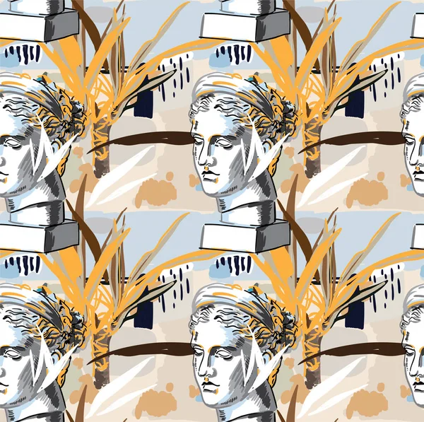 ギリシャ彫刻とシームレスなパターン 女性の顔 スタイリッシュなカラフルな背景 ポップアート現代古代 — ストックベクタ