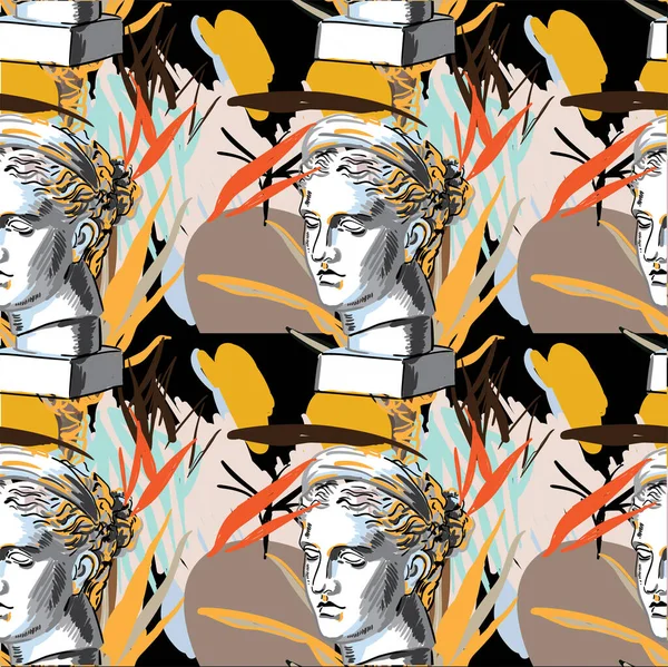 ギリシャ彫刻とシームレスなパターン 女性の顔 スタイリッシュなカラフルな背景 ポップアート現代古代 — ストックベクタ