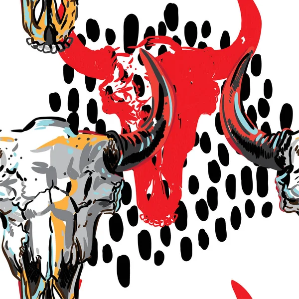 Cráneo Bisonte Elegante Patrón Impresión Multicolor Con Fondo Abstracto Manchas — Vector de stock