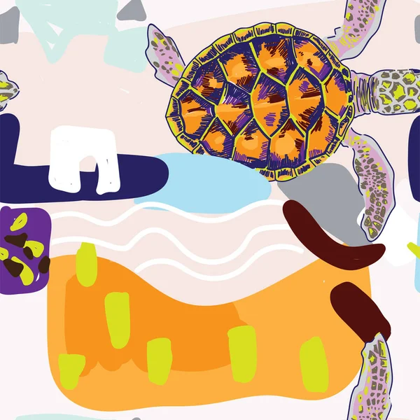 Naadloos Patroon Met Kleine Zeeschildpadden Schildpadden Kruipen Naar Het Water — Stockvector