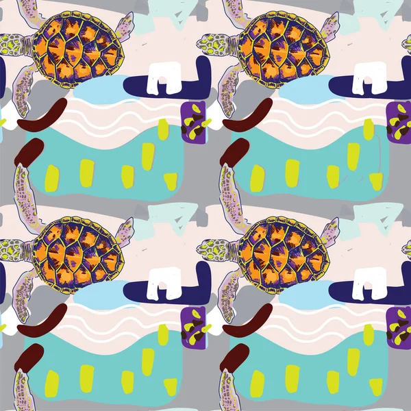 Безшовний Візерунок Маленькими Морськими Черепахами Черепахи Повзають Воду Багатокольоровий Друк — стоковий вектор